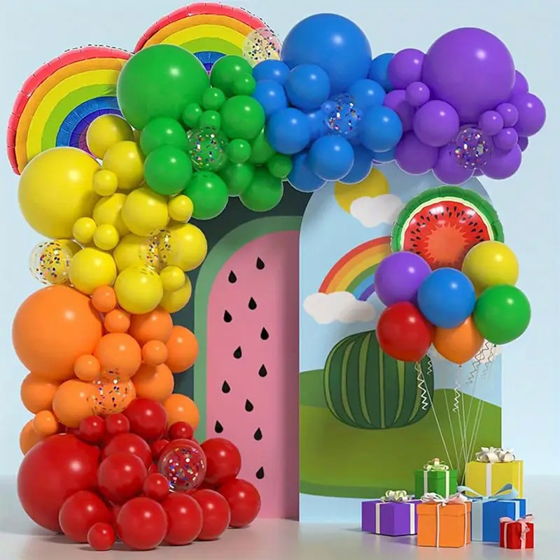 Baloane decorative pentru PETRECERE, ANGELBEAR, Arcada Set MIX din 107 baloane, pentru Evenimente, Aniversari, Model Curcubeu, Rainbow, Multicolor